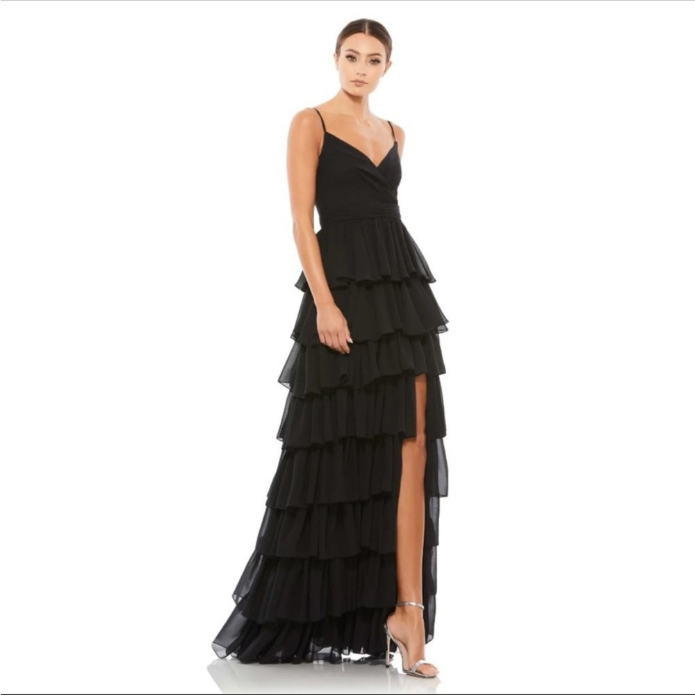 NWT Ieena for Mac Duggal Tiered Ruffle Black Chiffon Gown Size 12